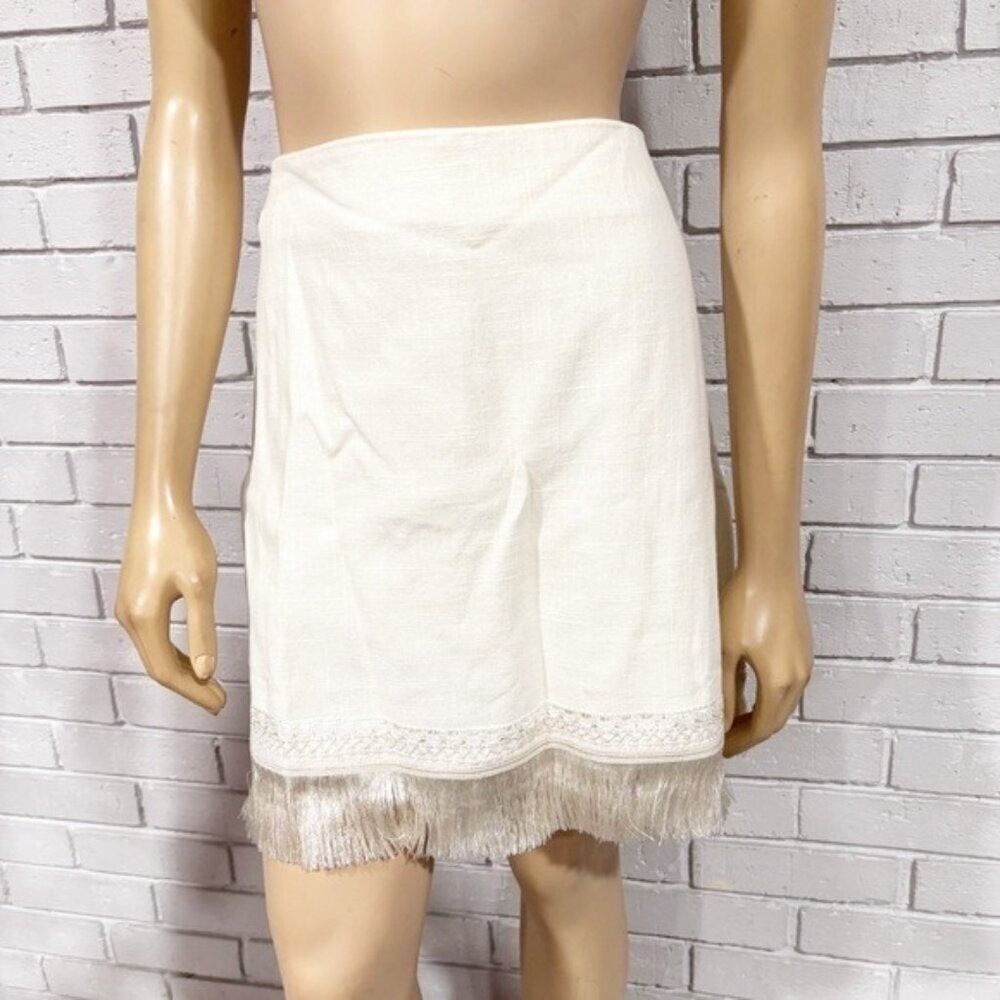 Boden‎ Ecru Linen Blend Fringe Mini Skirt Braided Trim Cream | Size US 10